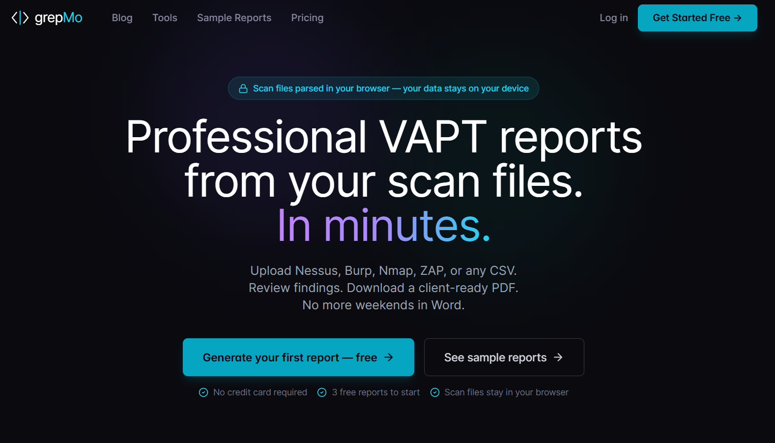 grepMo dashboard showing report generation interface