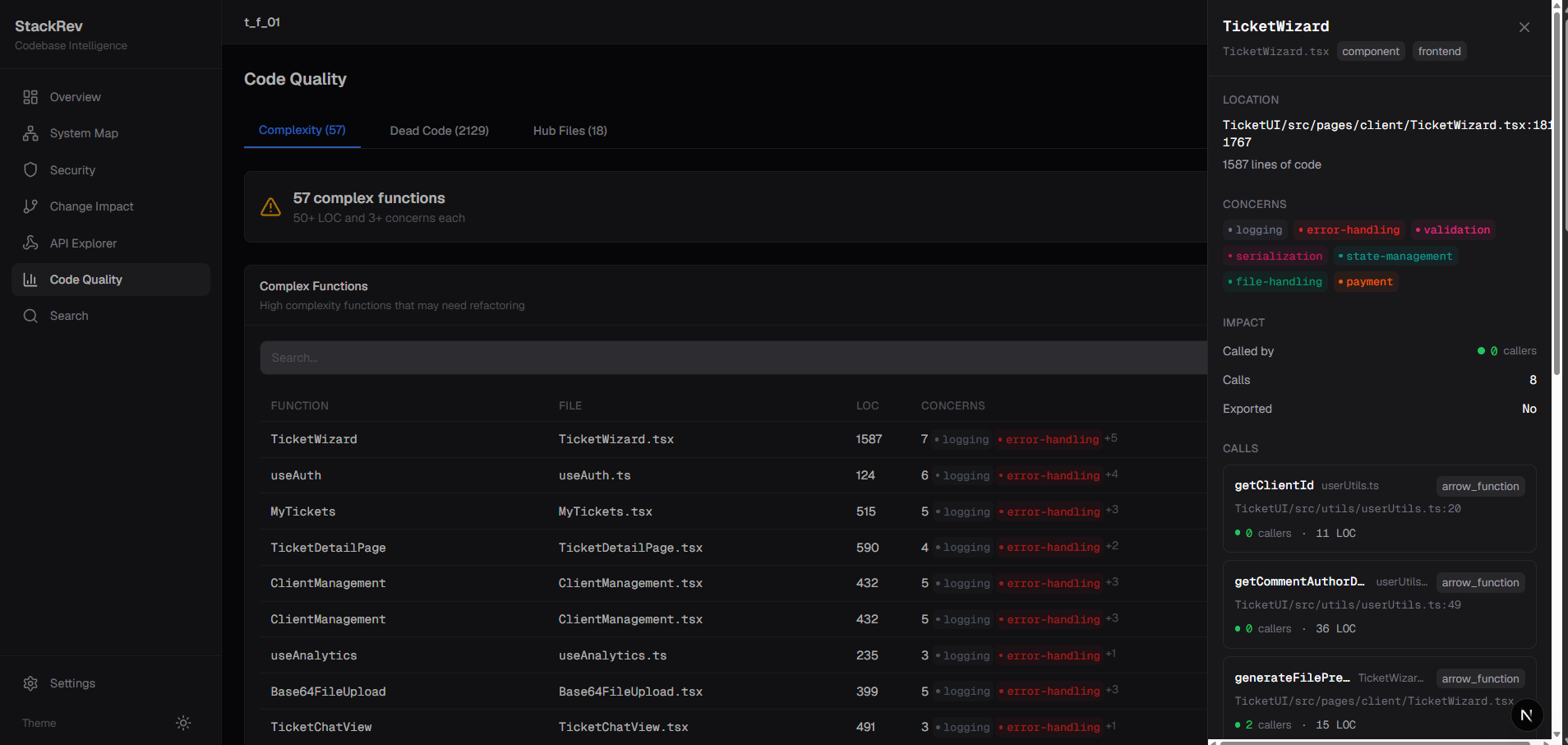 StackRev codebase scanning and analysis output